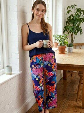 NATORI Blue Multicolor Floral Asian Print Wide Leg Lounge Pants